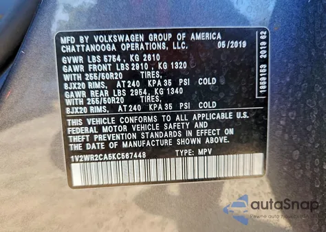 2019 Volkswagen Atlas Se из США, поврежденный, VIN 1V2WR2CA5KC567448